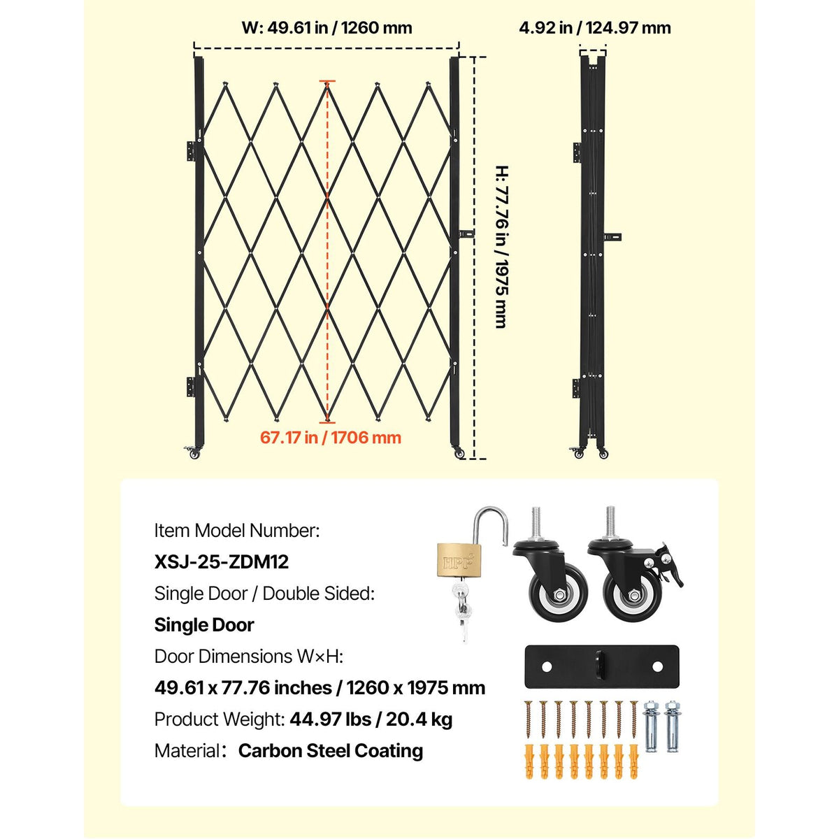 Single Folding Security Gate, Lockable Scissor Gate with 360° Swivel Casters, Outdoor Barricade Steel Retractable Gates, for Entry Security, Garage, Warehouse & Pool, 49.61 x 77.76 in (W x H)