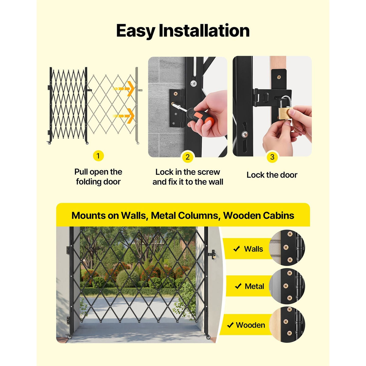 Single Folding Security Gate, Lockable Scissor Gate with 360° Swivel Casters, Outdoor Barricade Steel Retractable Gates, for Entry Security, Garage, Warehouse & Pool, 70.87 x 63.39 in (W x H)