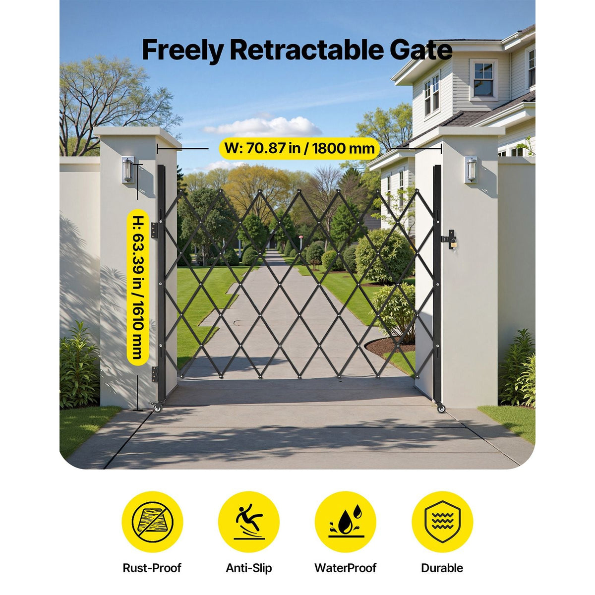 Single Folding Security Gate, Lockable Scissor Gate with 360° Swivel Casters, Outdoor Barricade Steel Retractable Gates, for Entry Security, Garage, Warehouse & Pool, 70.87 x 63.39 in (W x H)