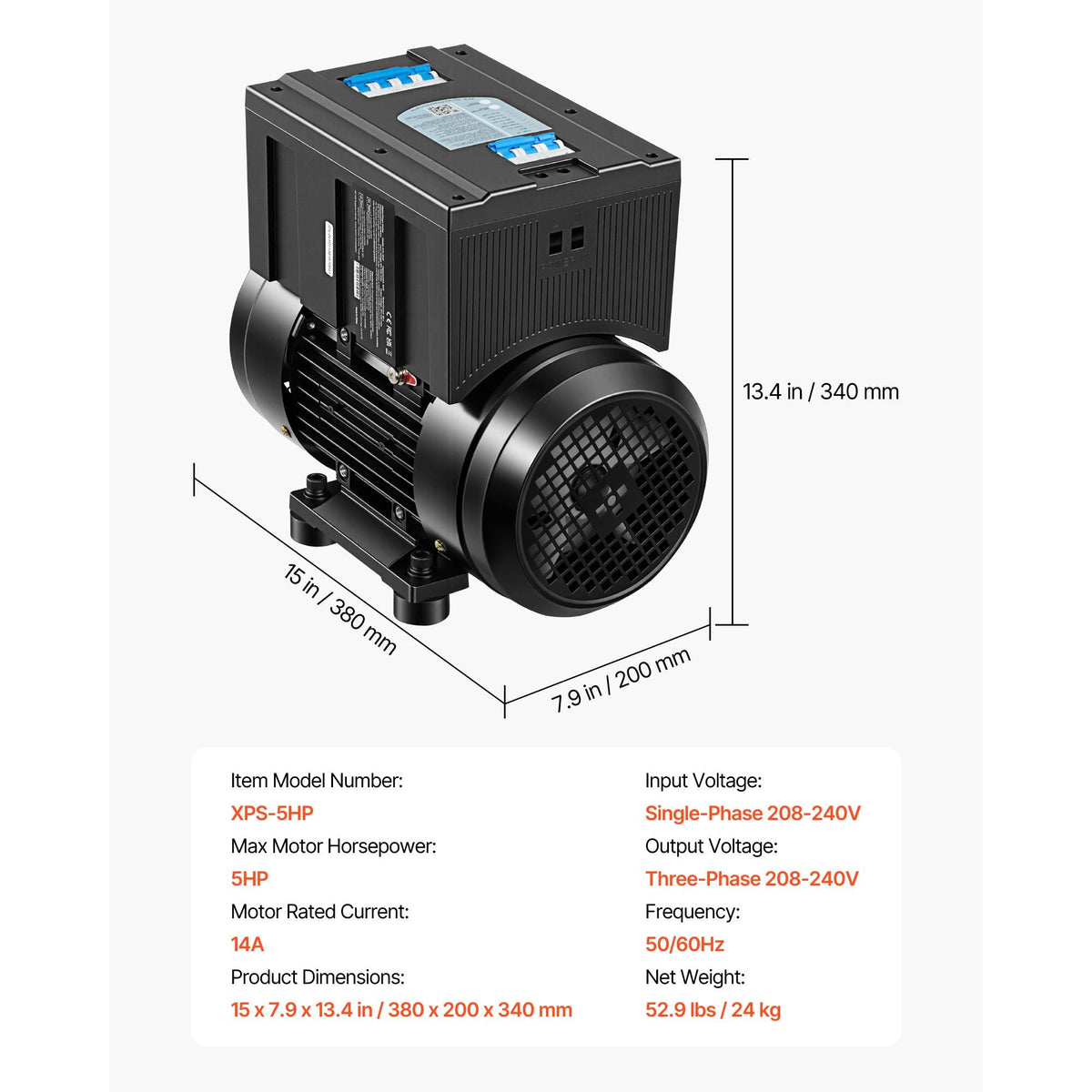 Single Phase to 3-Phase Rotary Converter, 5HP 14A 208-240V Input/Output Rotary Phase Converter - Expandable to Higher Horsepower for Heavy-Load Equipment