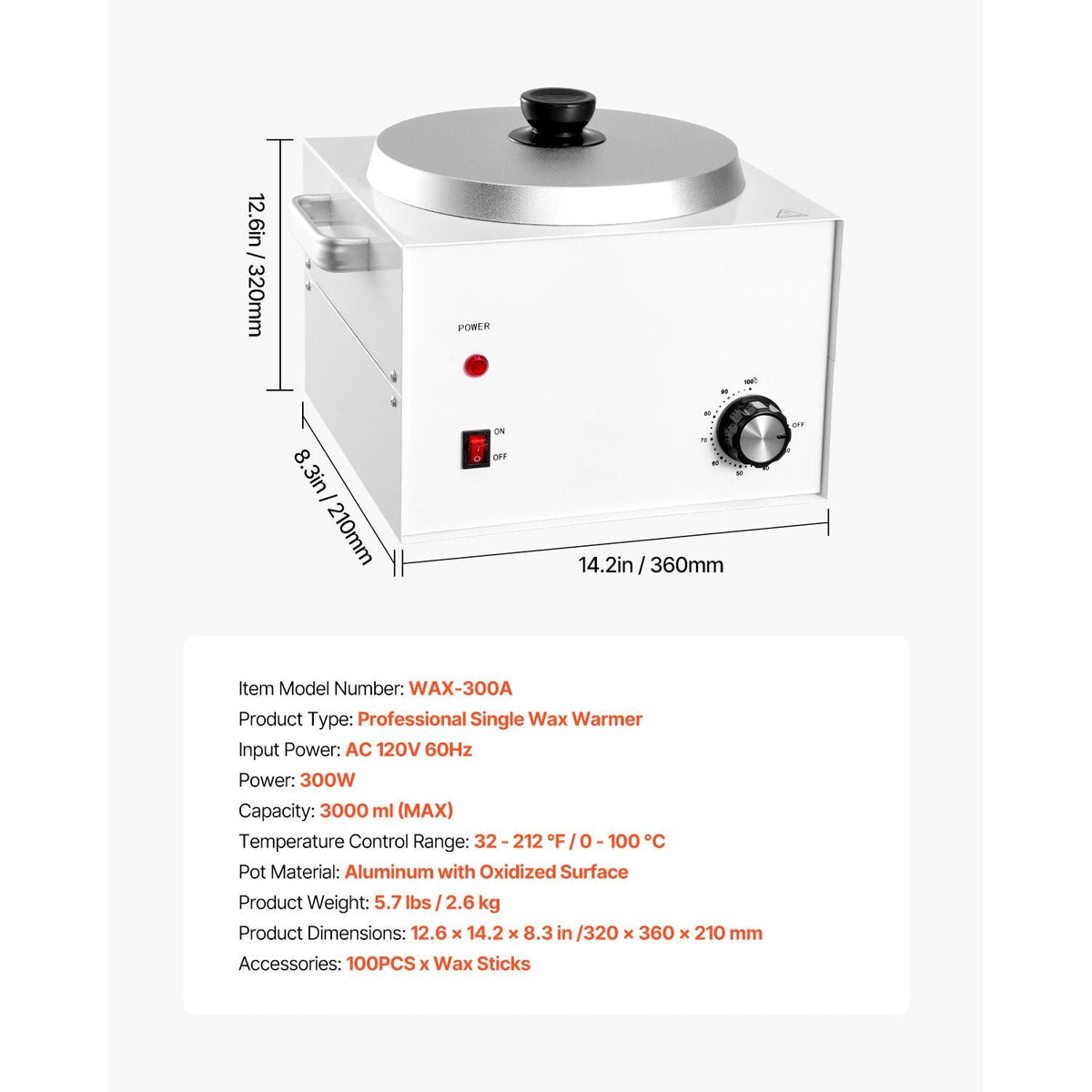 Single Pot Wax Warmer, 3000ML 300W Professional Wax Warmer for Hair Removal, 32 - 212 F Adjustable Electric Waxing Heater with 100PCS Waxing Sticks for Home Use, Beauty Salon, Spa