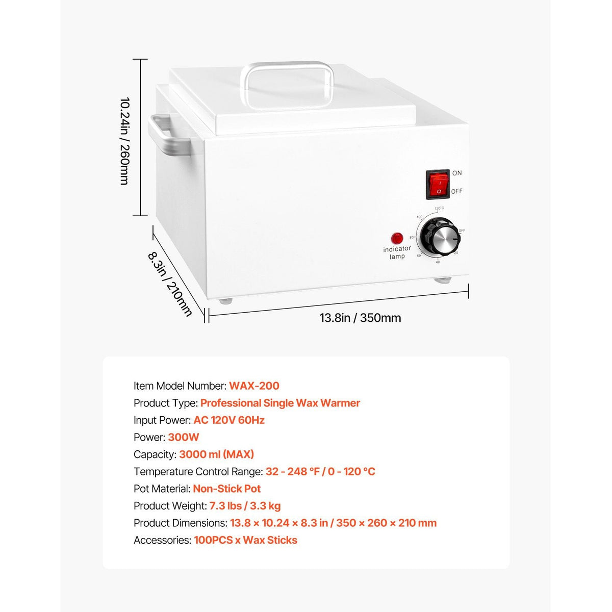 Single Wax Warmer, 3000ML 300W Professional Wax Warmer for Hair Removal, 32 Fahrenheit- 248 Fahrenheit Adjustable & Non-Stick Waxing Heater Pot with 100PCS Waxing Sticks