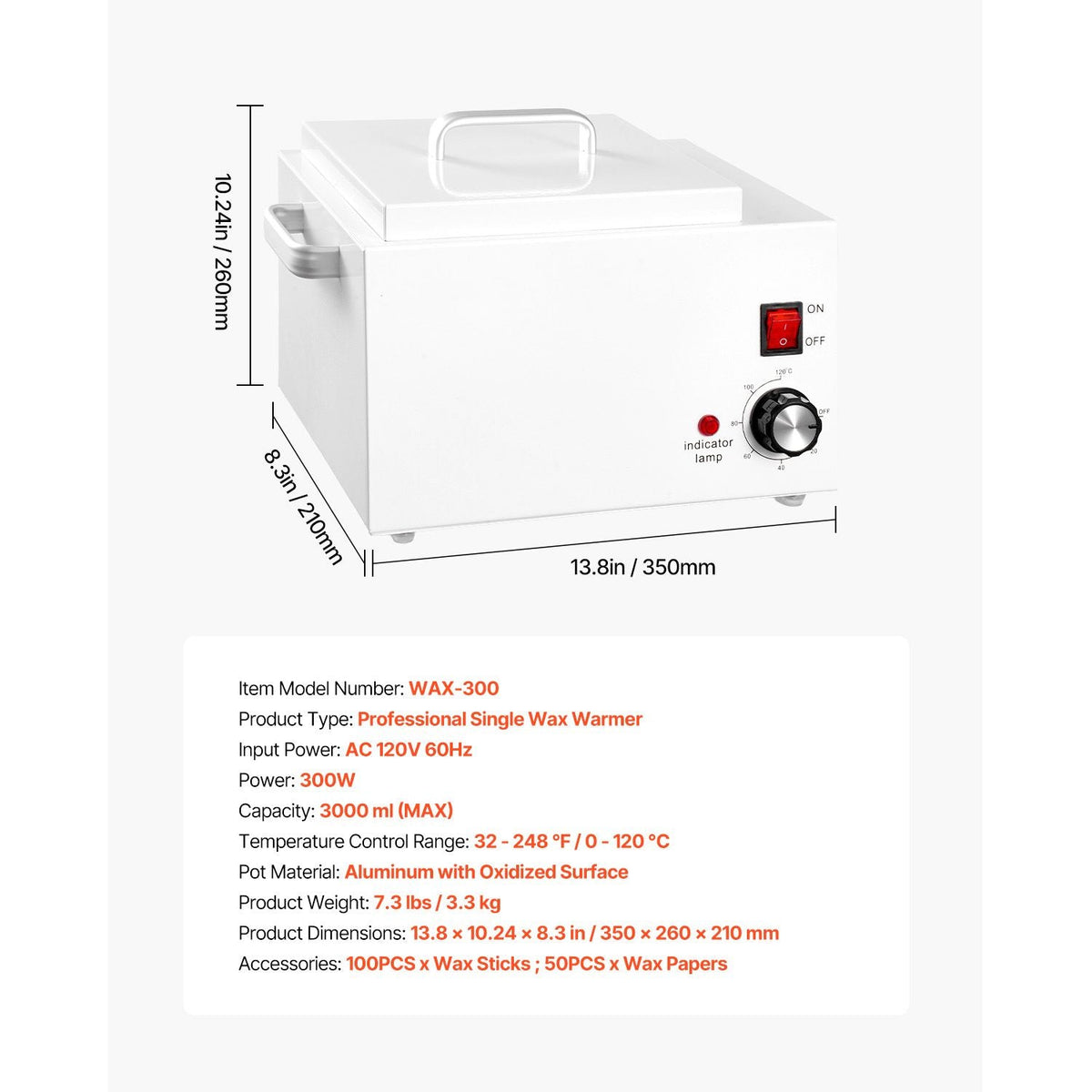 Single Wax Warmer, 3000ML 300W Professional Wax Warmer for Hair Removal, 32 Fahrenheit to 248 Fahrenheit Adjustable Electric Waxing Heater Pot with 100PCS Sticks & 50PCS Papers