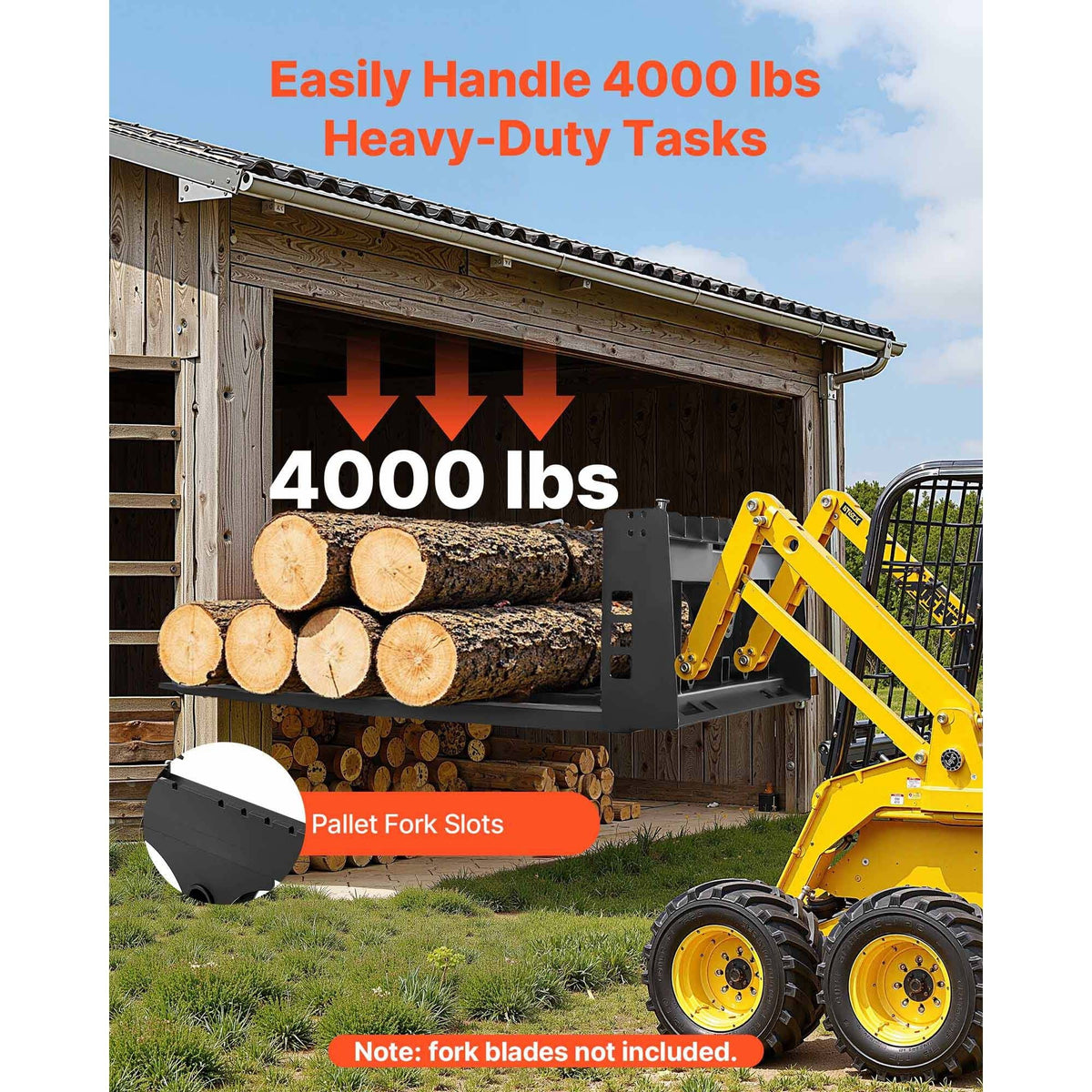 Skid Steer Pallet Frame, 4000 lbs Rated Load Capacity, 45-inch Pallet Fork Frame Attachments with 2-inch Hitch Receiver & Spear Sleeves, Fit for Loaders Tractors Quick Attach Mount, Frame Only
