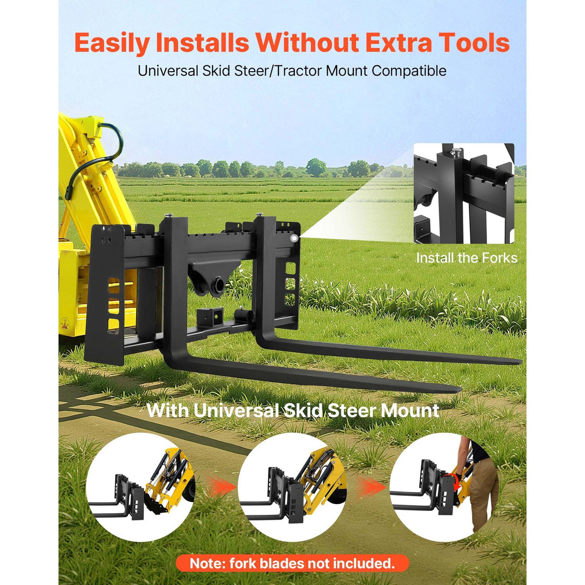Skid Steer Pallet Frame, 4000 lbs Rated Load Capacity, 45-inch Pallet Fork Frame Attachments with 2-inch Hitch Receiver & Spear Sleeves, Fit for Loaders Tractors Quick Attach Mount, Frame Only