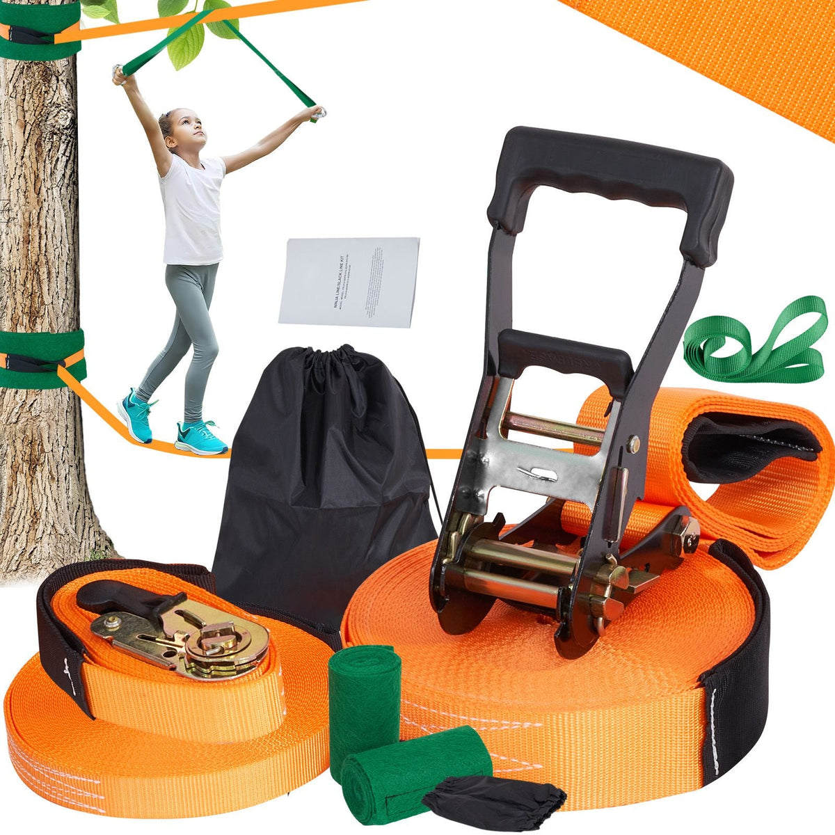 Slackline Kit with Training Line, 60 ft Backyard Slack Line Equipment, Easy Setup Tight Rope for Kids Adults, Complete Slackline Set with Tree Protectors, Arm Trainer, Carry Bag, and Instruction