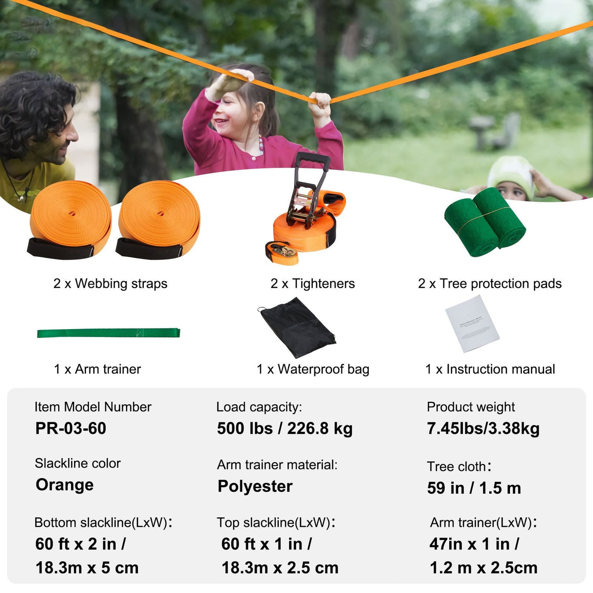 Slackline Kit with Training Line, 60 ft Backyard Slack Line Equipment, Easy Setup Tight Rope for Kids Adults, Complete Slackline Set with Tree Protectors, Arm Trainer, Carry Bag, and Instruction