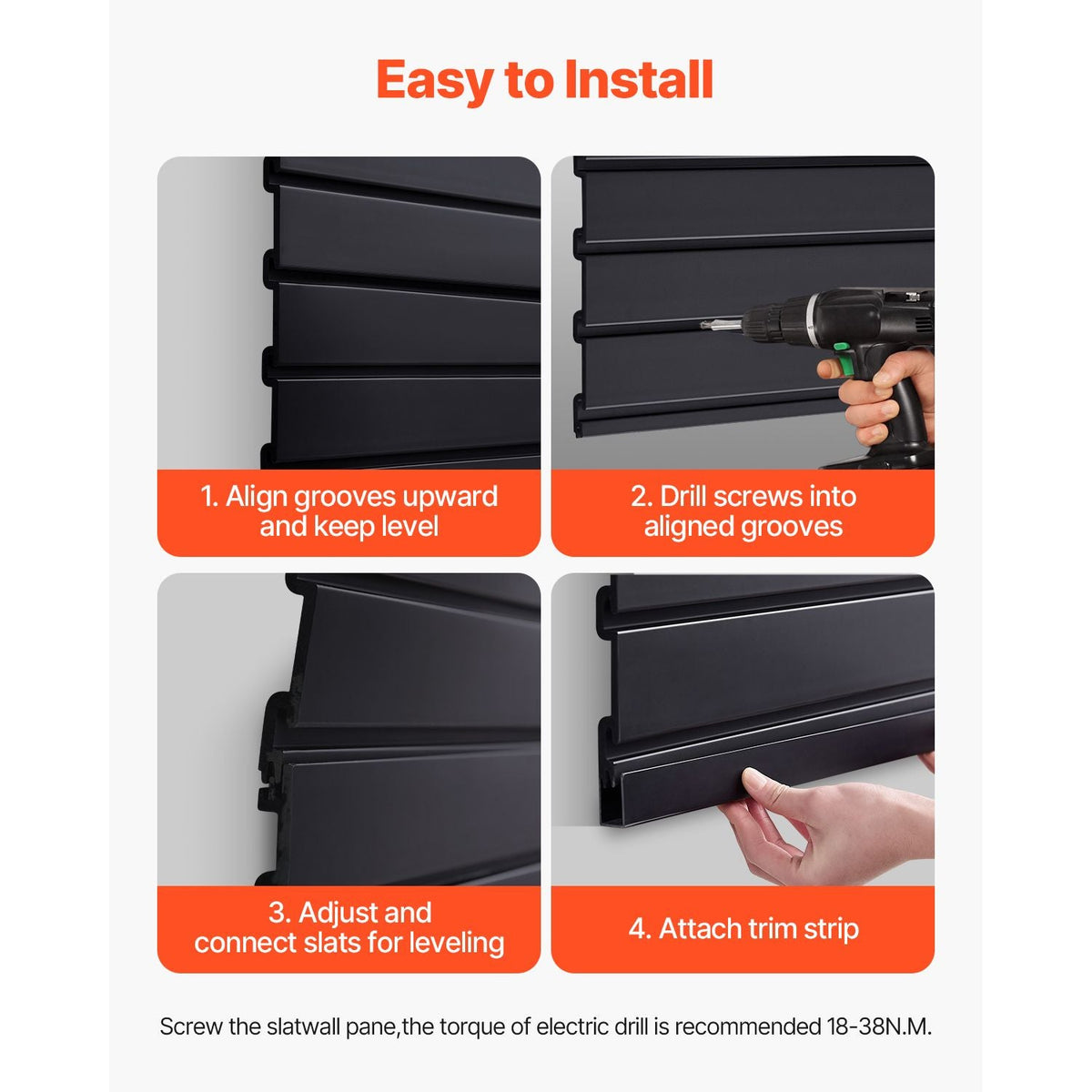 Slat Wall Paneling, 4 x 4 ft, PVC Garage Slatwall with Modular Design, Black Slat Wall Easy-to-Install Adjustable Slatwall Panel with Coupling Structure & DIY Cutting, Fits for Storage & Display
