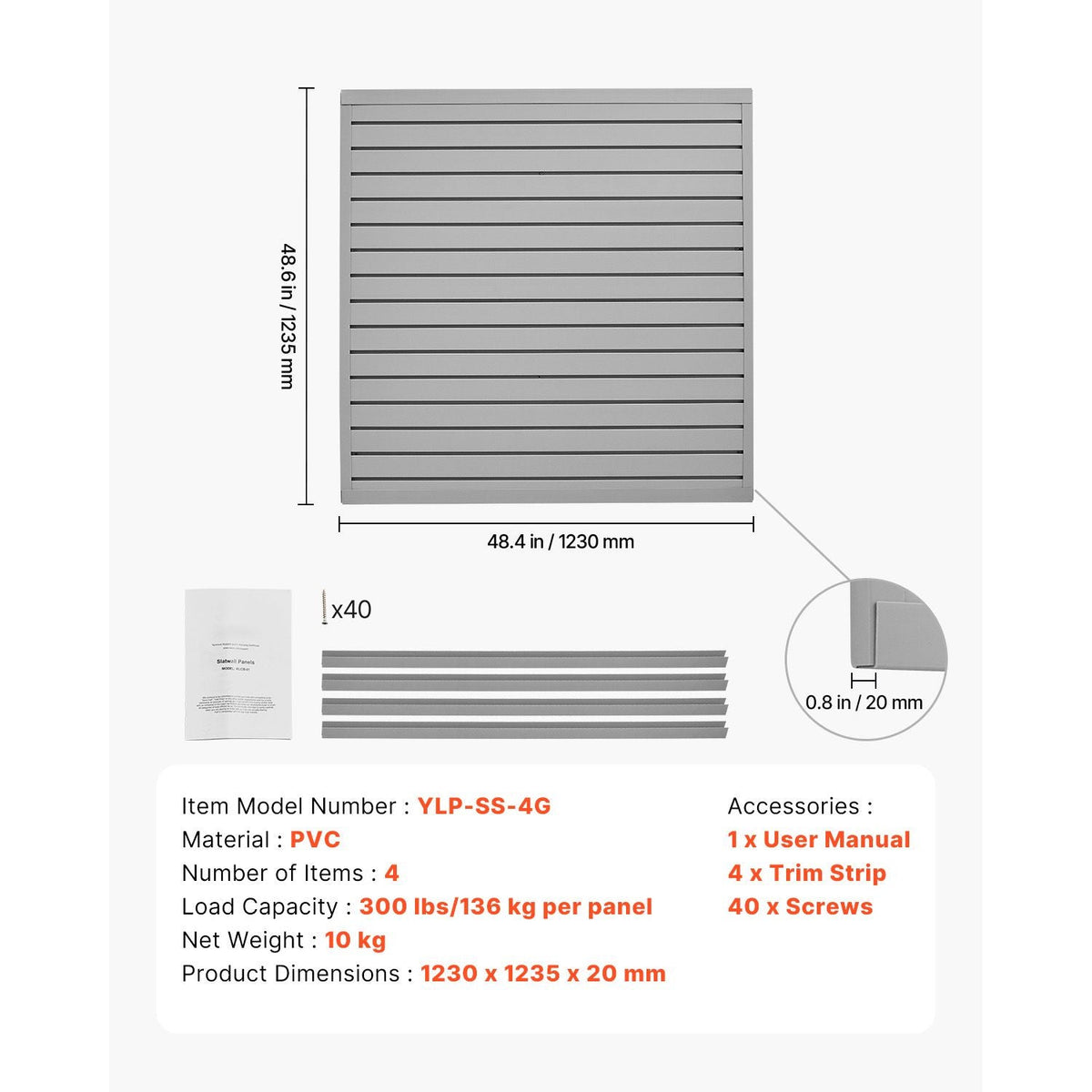 Slat Wall Paneling, 4 x 4 ft, PVC Garage Slatwall with Modular Design, Grey Slat Wall Easy-to-Install Adjustable Slatwall Panel with Coupling Structure & DIY Cutting, Fits for Storage & Display