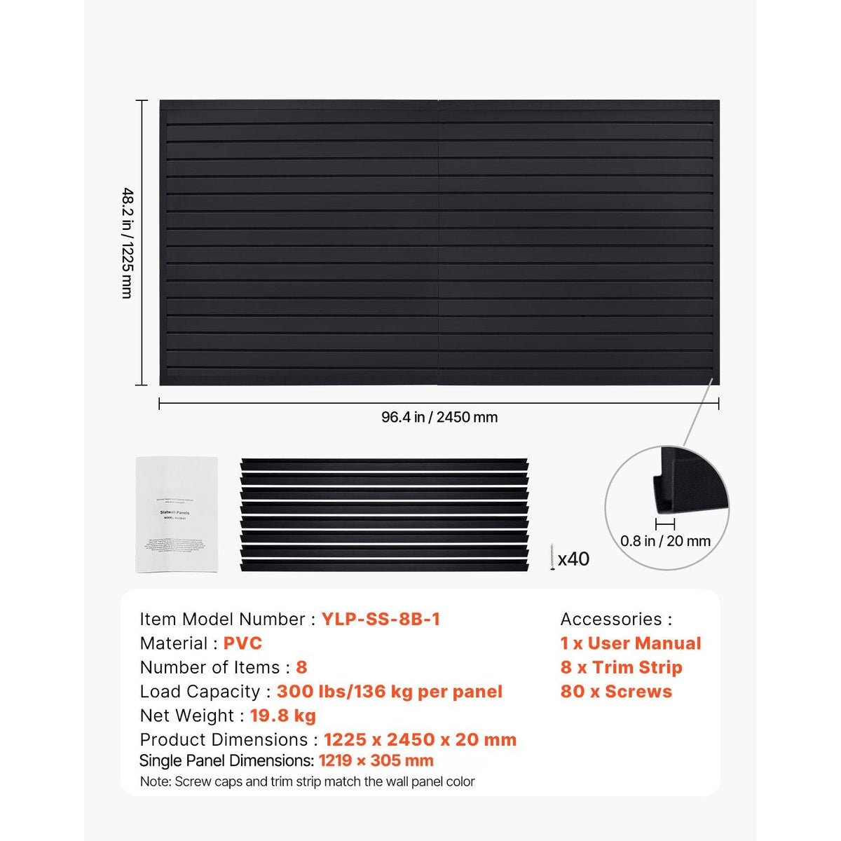 Slat Wall Paneling, 8 x 4 ft, PVC Garage Slatwall with Modular Design, Black Slat Wall Easy-to-Install Adjustable Slatwall Panel with Coupling Structure & DIY Cutting, Fits for Storage & Display