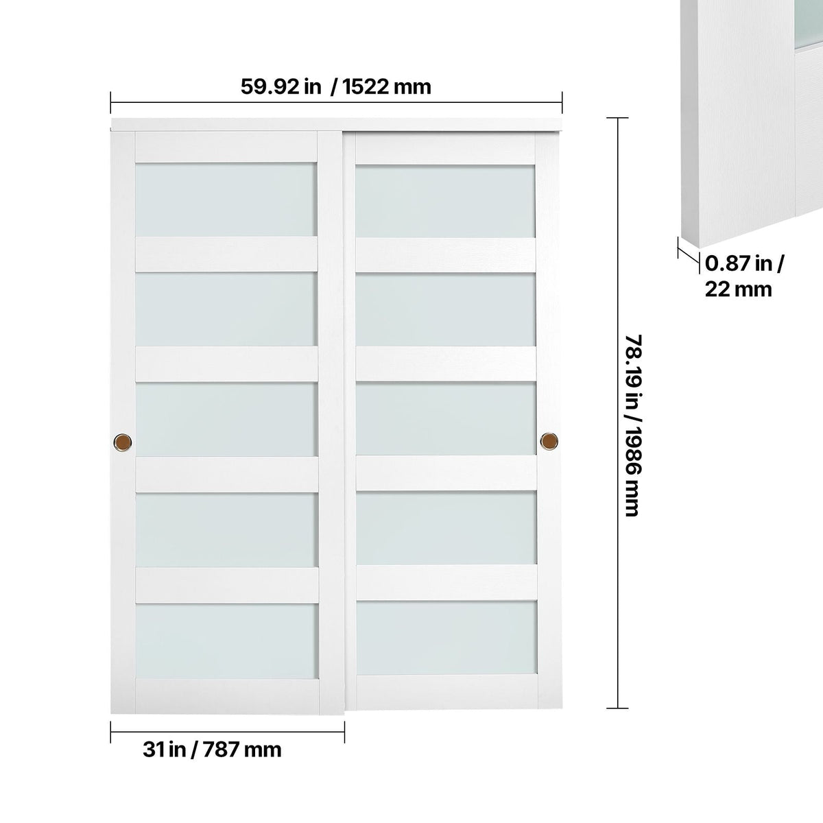 Sliding Closet Door, 60" (Double 31") x 80", 5-Lite Frosted Glass Bypass Sliding Doors with Hardware Kit & Floor Guide, Solid Wood & MDF Slab with Water-Proof PVC Surface for Closets Bedrooms