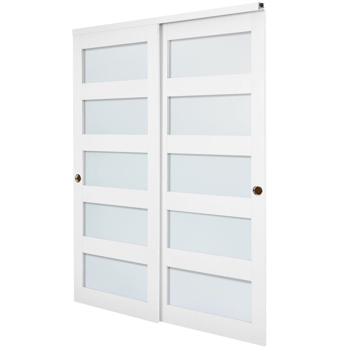 Sliding Closet Door, 60" (Double 31") x 80", 5-Lite Frosted Glass Bypass Sliding Doors with Hardware Kit & Floor Guide, Solid Wood & MDF Slab with Water-Proof PVC Surface for Closets Bedrooms