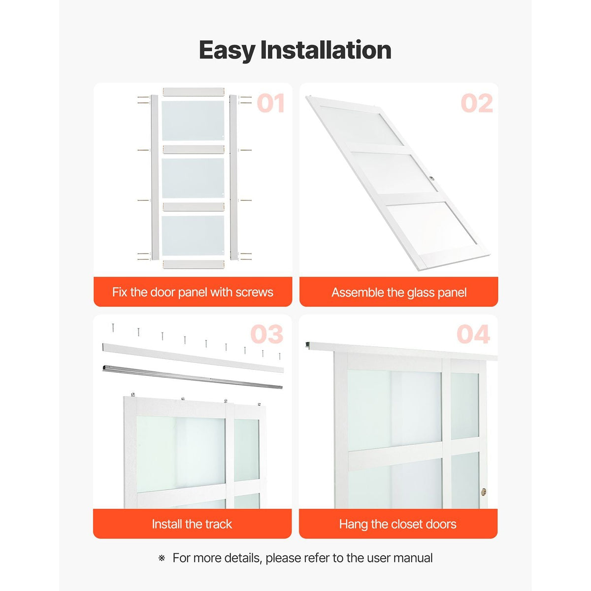 Sliding Closet Door, 72" (Double 37") x 80", 3-Lite Frosted Glass Bypass Sliding Doors with Hardware Kit & Floor Guide, Solid Wood & MDF Slab with Water-Proof PVC Surface for Closets Bedrooms