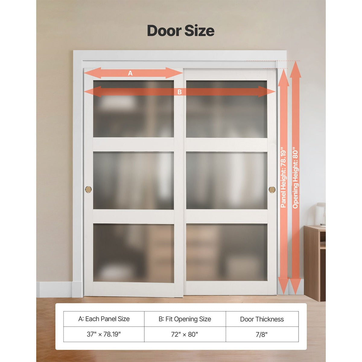 Sliding Closet Door, 72" (Double 37") x 80", 3-Lite Frosted Glass Bypass Sliding Doors with Hardware Kit & Floor Guide, Solid Wood & MDF Slab with Water-Proof PVC Surface for Closets Bedrooms