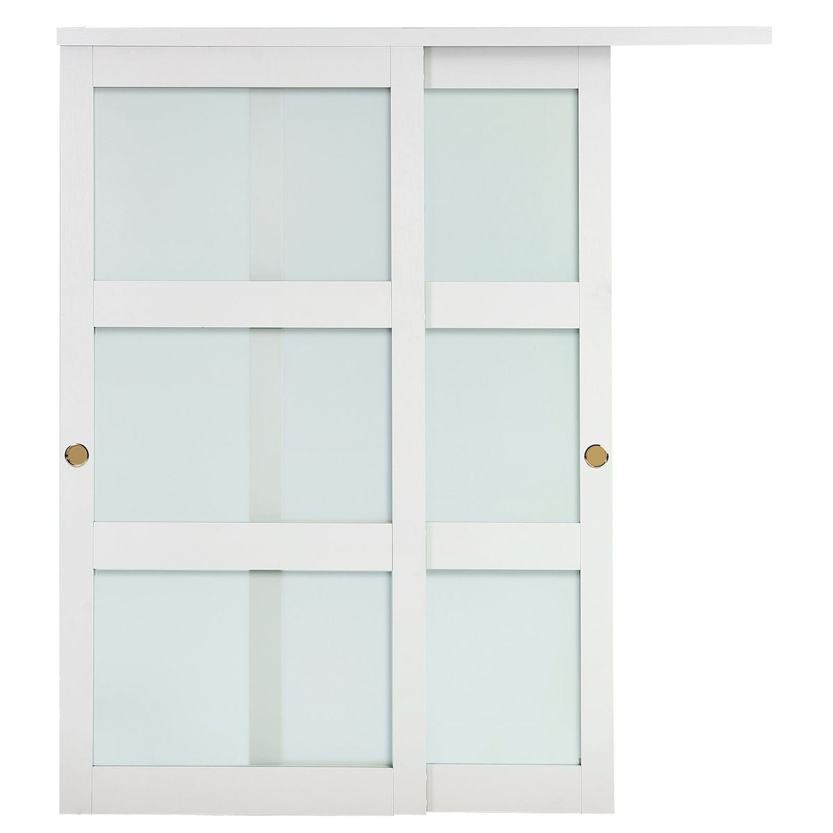 Sliding Closet Door, 72" (Double 37") x 80", 3-Lite Frosted Glass Bypass Sliding Doors with Hardware Kit & Floor Guide, Solid Wood & MDF Slab with Water-Proof PVC Surface for Closets Bedrooms