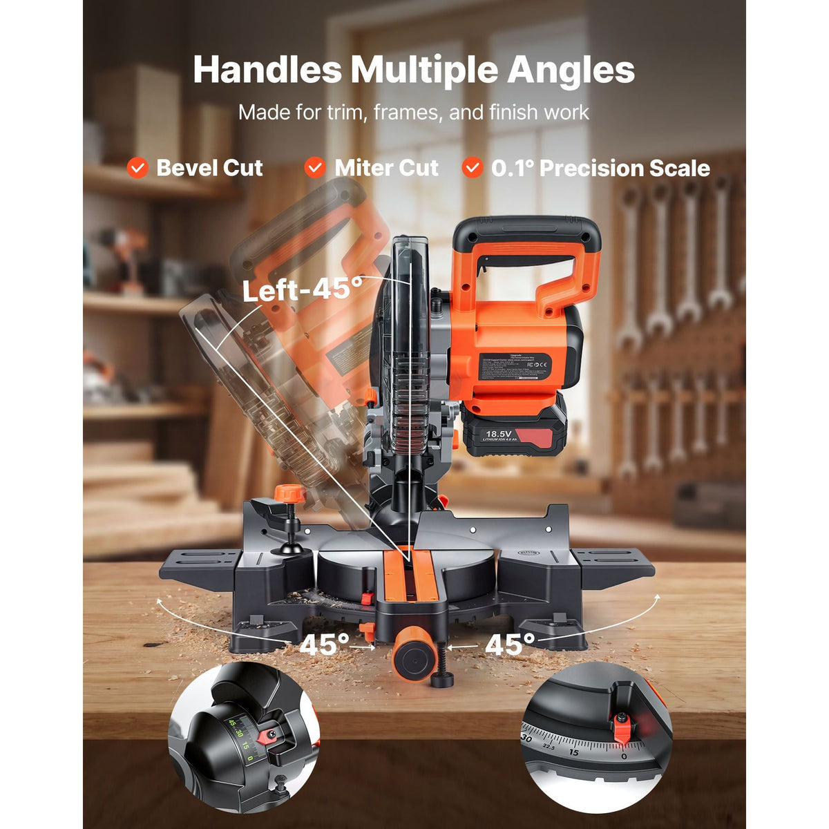 Sliding Compound Miter Saw, 7-1/4 inch Blade, DC 18.5V Cordless Miter Saw, with LED Precision Alignment, Adjustable Angles, Battery and Charger Included, for Cutting Wood, Metals, Laminates