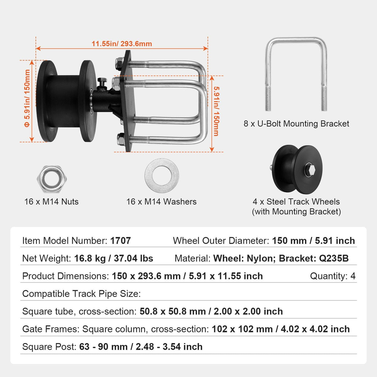 Sliding Gate Kit, Rolling Gate Hardware Kit w/ H-Shaped Wheel Groove for Cantilever Sliding Gates and Rolling Door, Sliding Gate Rollers w/ 4 Track Wheels, Heavy Duty Sliding Roller,Black