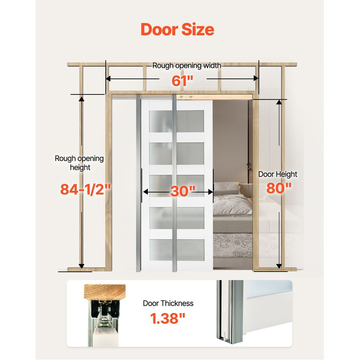 Sliding Pocket Door, 30" x 80", 5-Lite Frosted Glass Single Sliding Door with Hardware Kit, Sturdy Solid Wood & MDF Pocket Doors Slab with Waterproof Surface for Bedroom Kitchen Study Room