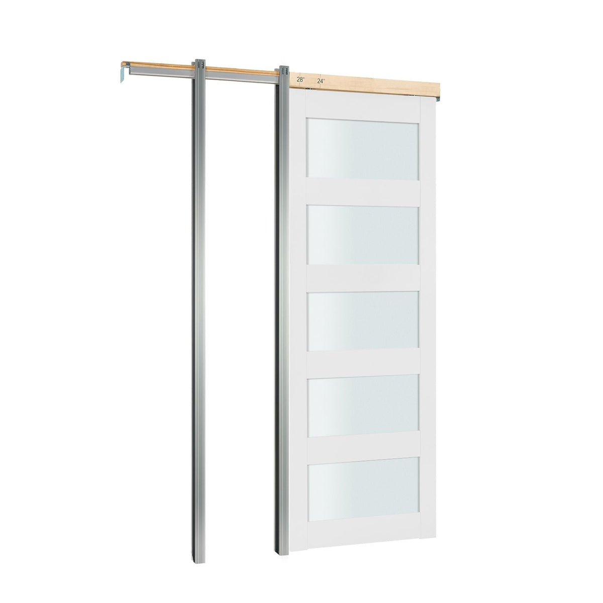 Sliding Pocket Door, 30" x 80", 5-Lite Frosted Glass Single Sliding Door with Hardware Kit, Sturdy Solid Wood & MDF Pocket Doors Slab with Waterproof Surface for Bedroom Kitchen Study Room