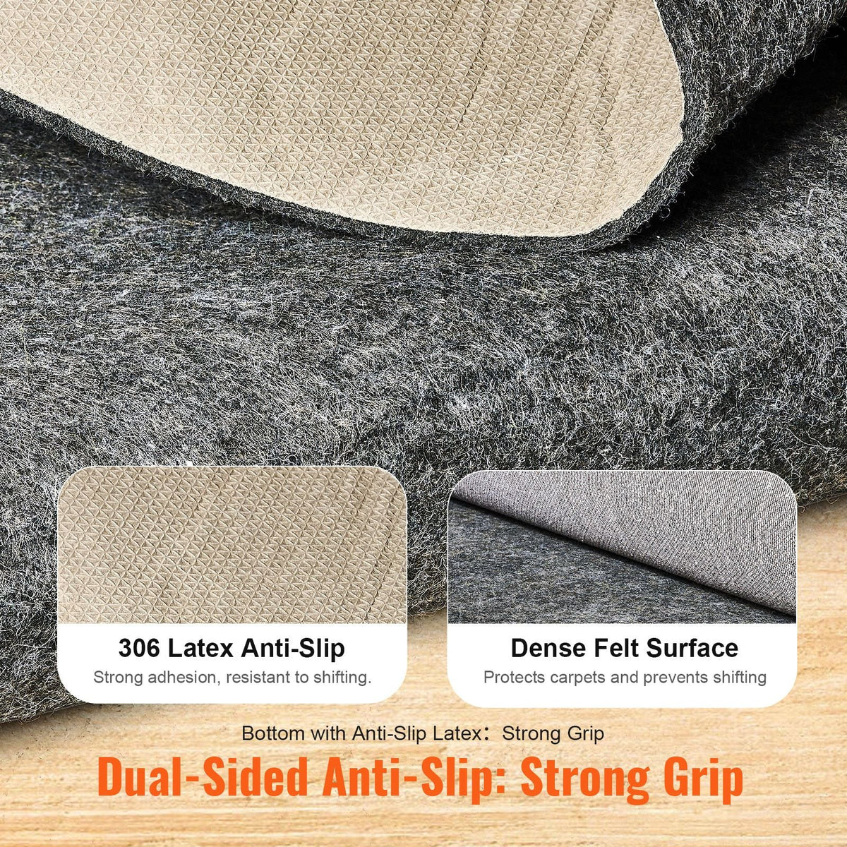 - Slip-Resistant Rug Pad - Protective Cushioning Carpet Pad - 5' x 8' - 1/4"Thick - Dual Surface - Polyester Felt + Latex - Gray - 3-4m² Area Carpet Padding Rug Cushion Safe for All Floors