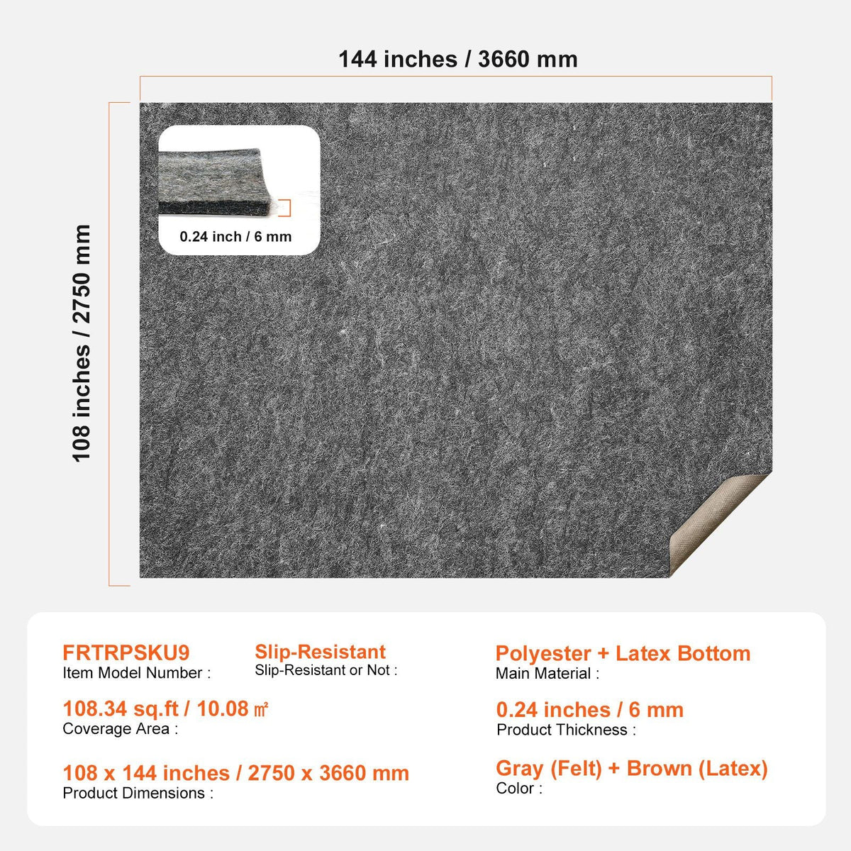 - Slip-Resistant Rug Pad - Protective Cushioning Carpet Pad - 9' x 12' - 1/4"Thick - Dual Surface - Polyester Felt + Latex - Gray - 10-11m² Area Carpet Padding Rug Cushion Safe for All Floors