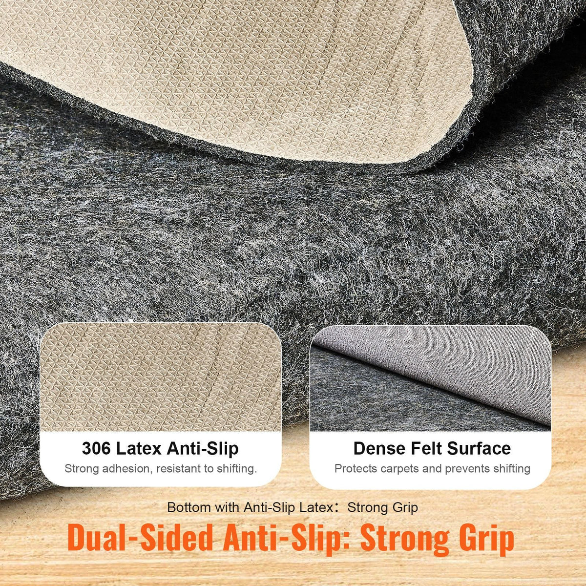 Slip-Resistant Rug Pad, Protective Cushioning Carpet Pad, 2'x8' (7.87' Actual) - 1/4"Thick - Dual Surface - Polyester Felt + Latex, 1-2 m2 Area Carpet Padding Rug Cushion Safe, Grey