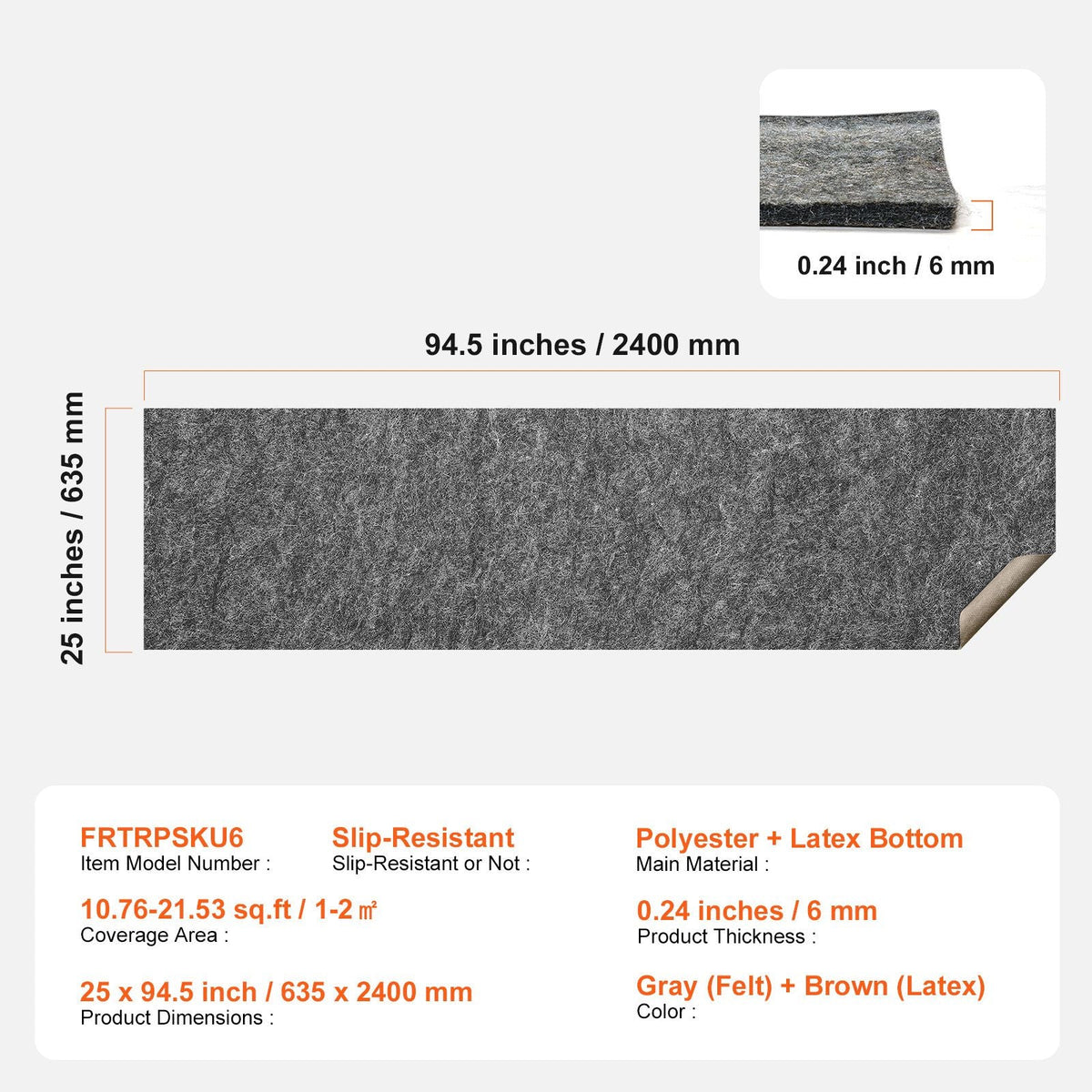 Slip-Resistant Rug Pad, Protective Cushioning Carpet Pad, 2'x8' (7.87' Actual) - 1/4"Thick - Dual Surface - Polyester Felt + Latex, 1-2 m2 Area Carpet Padding Rug Cushion Safe, Grey