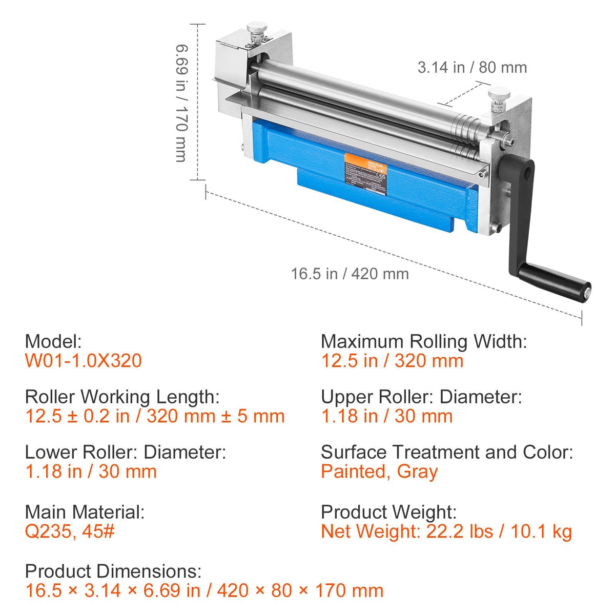 Slip Roll Machine, 12.6 inches Forming Width in 20 Gauge Capacity, Sheet Metal Slip Roller Rolling Bending Machine, with 2 Detachable Rollers for Low Carbon Steel Copper Aluminum Alloy Sheet