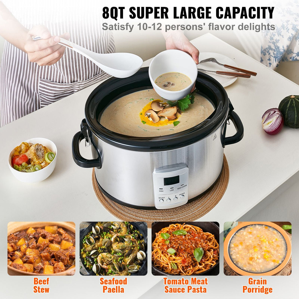 Slow Cooker, 8QT 320W Electric Slow Cooker Pot with 3-Level Heat Settings, Digital Slow Cookers with 20 Hours Max Timer, Locking Lid, Ceramic Inner Pot for Home/Commercial Use