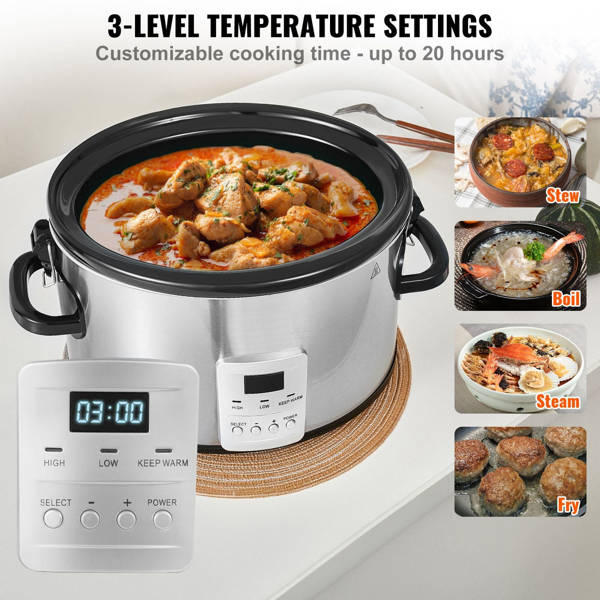Slow Cooker, 8QT 320W Electric Slow Cooker Pot with 3-Level Heat Settings, Digital Slow Cookers with 20 Hours Max Timer, Locking Lid, Ceramic Inner Pot for Home/Commercial Use