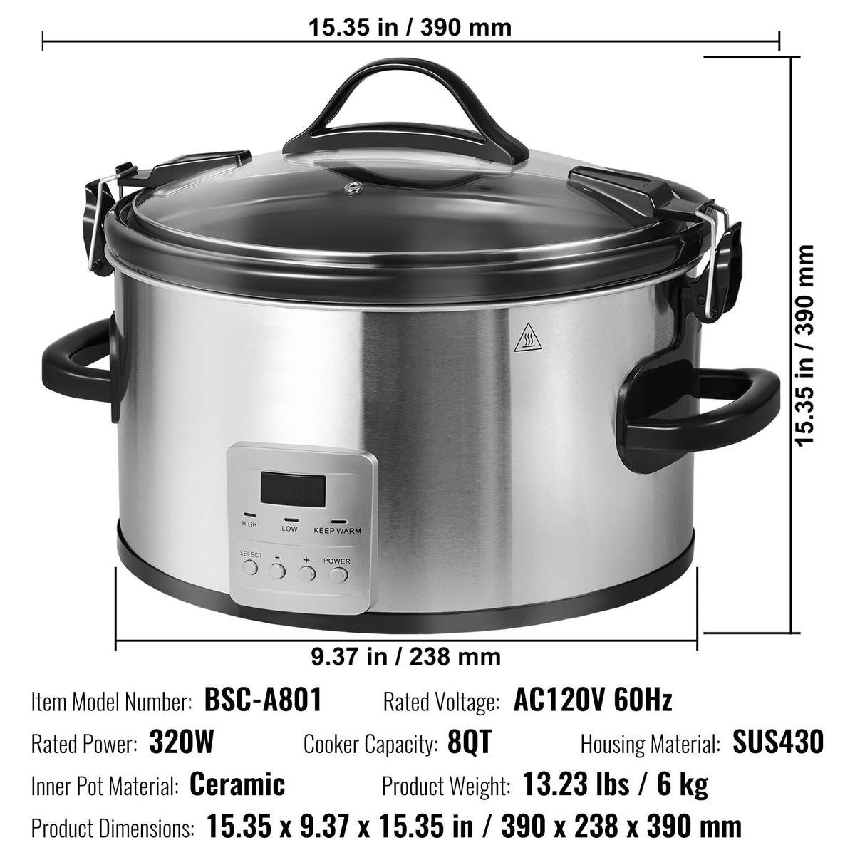 Slow Cooker, 8QT 320W Electric Slow Cooker Pot with 3-Level Heat Settings, Digital Slow Cookers with 20 Hours Max Timer, Locking Lid, Ceramic Inner Pot for Home/Commercial Use
