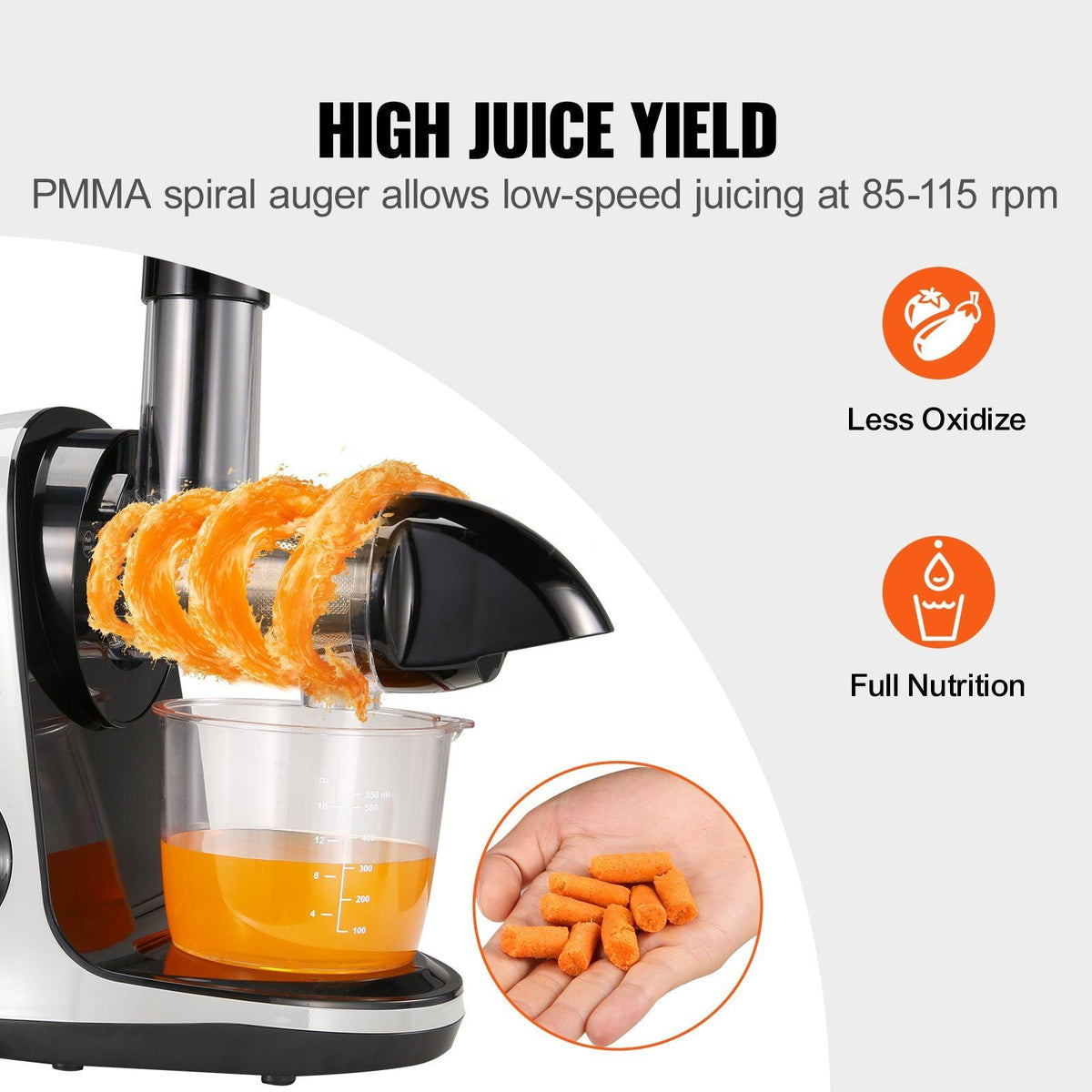 Slow Masticating Juicer, Cold Press Juicer Machine with Reverse Function, Quiet Motor Slow Juicer, Juice Extractor Maker Easy to Clean with Brush, for High Nutrient Fruits Vegetables