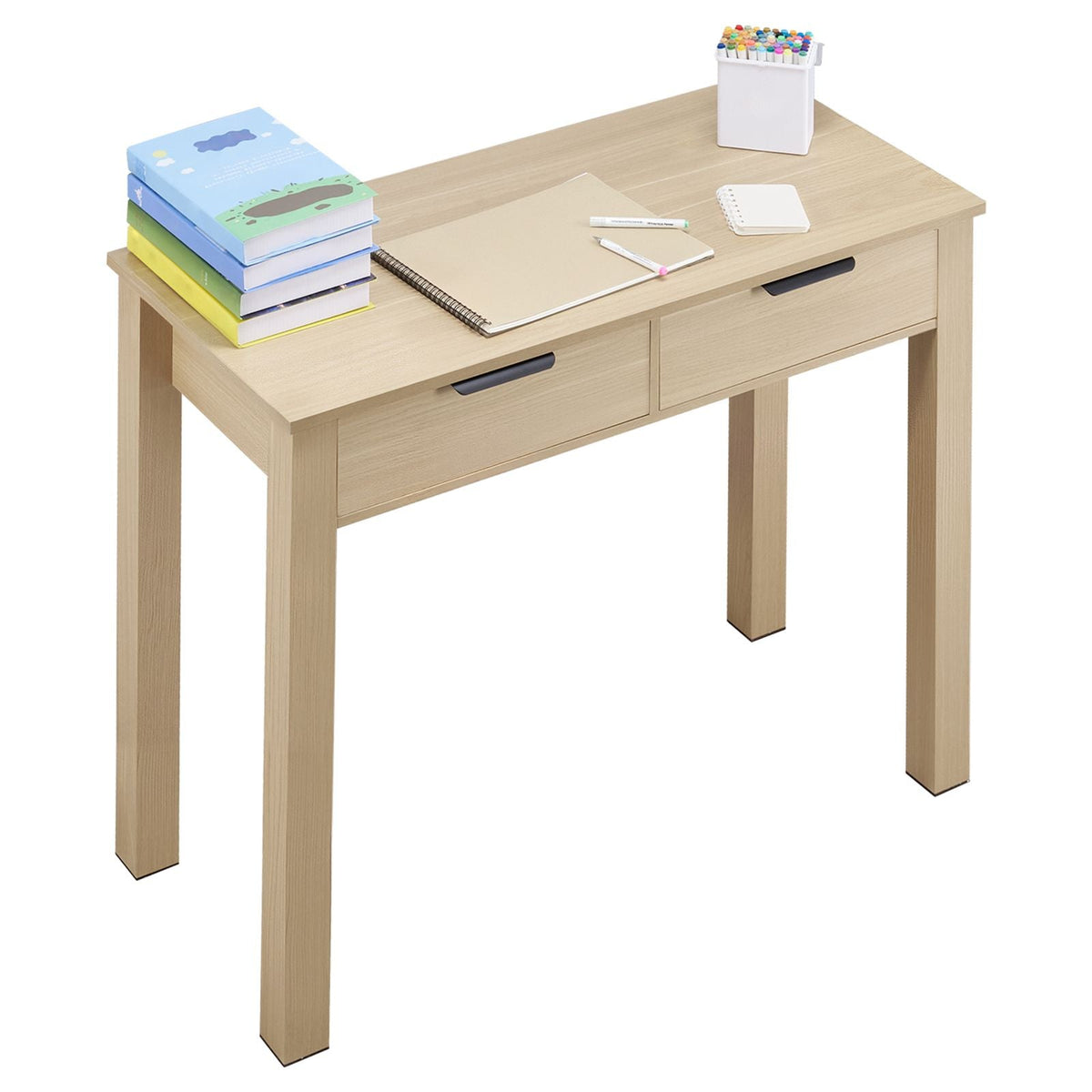 Small Desk with Drawers, Kids Desk for Bedroom, Modern Simple Study Table for Drawing, Reading, Writing, Rectangle MDF Furniture Study Storage Table for Home, Office, Light Wood