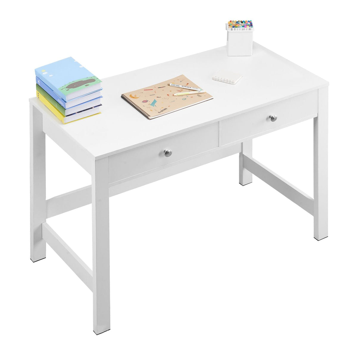 Small Desk with Drawers, Kids Desk for Bedroom, Modern Simple Study Table for Drawing, Reading, Writing, Rectangle MDF Furniture Study Storage Table for Home, Office, White