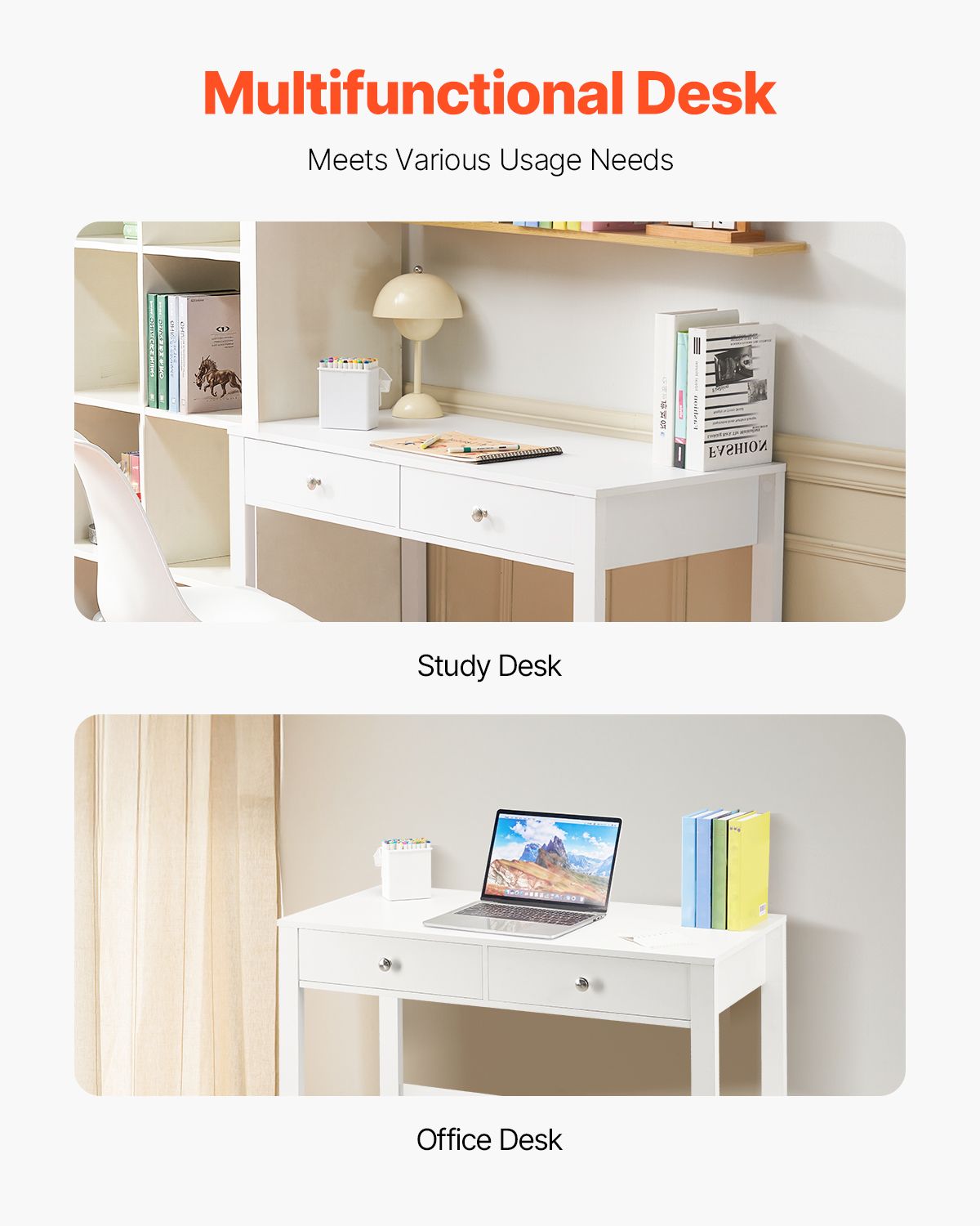 Small Desk with Drawers, Kids Desk for Bedroom, Modern Simple Study Table for Drawing, Reading, Writing, Rectangle MDF Furniture Study Storage Table for Home, Office, White