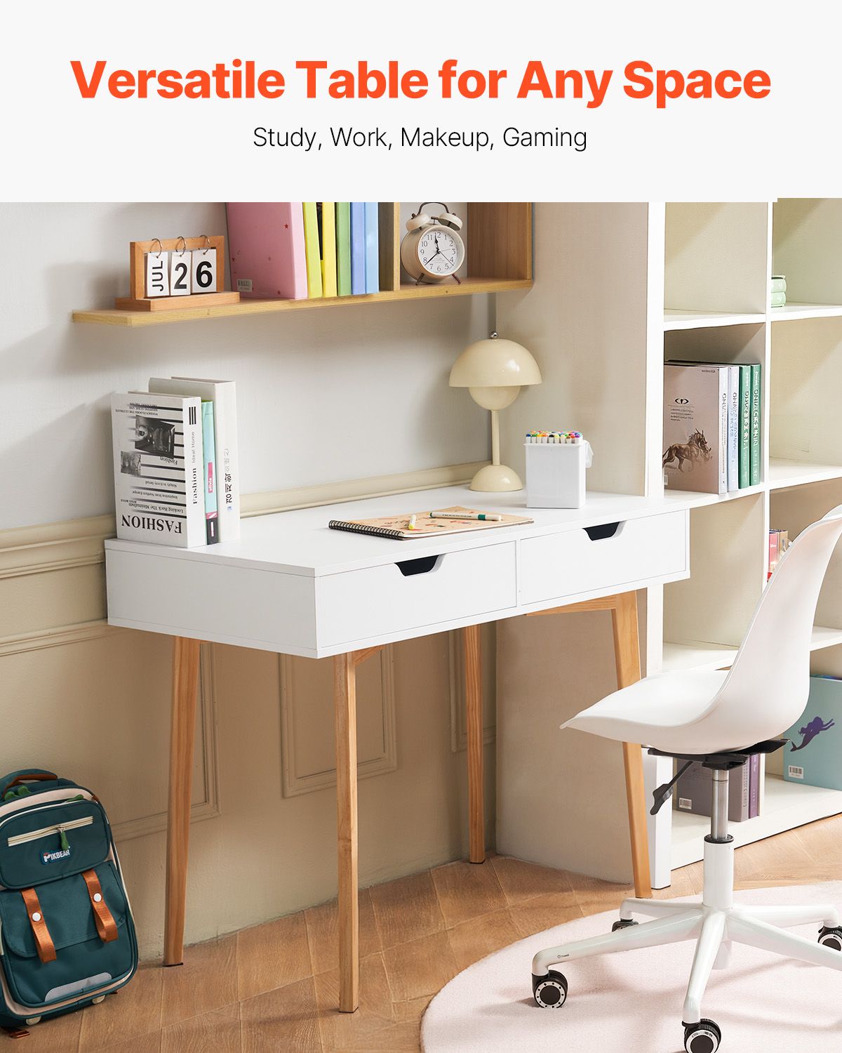 Small Desk with Drawers, Kids Desk for Bedroom, Wooden Simple Study Table for Drawing, Reading, Writing, Rectangle MDF Furniture Study Storage Table for Home, Office, White + Wood