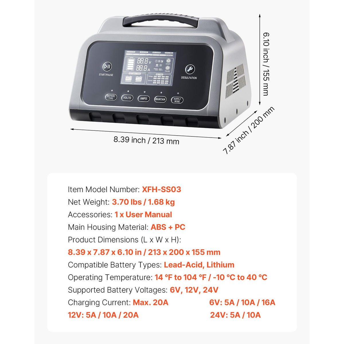 Smart Battery Charger, 20A, 6V 12V 24V Lithium LiFePO4 Lead-Acid (Gel/AGM) Car Battery Charger, with LCD Display, Trickle Charging Maintainer Desulfator, for Car, Boat, Motorcycle, Lawn Mowers