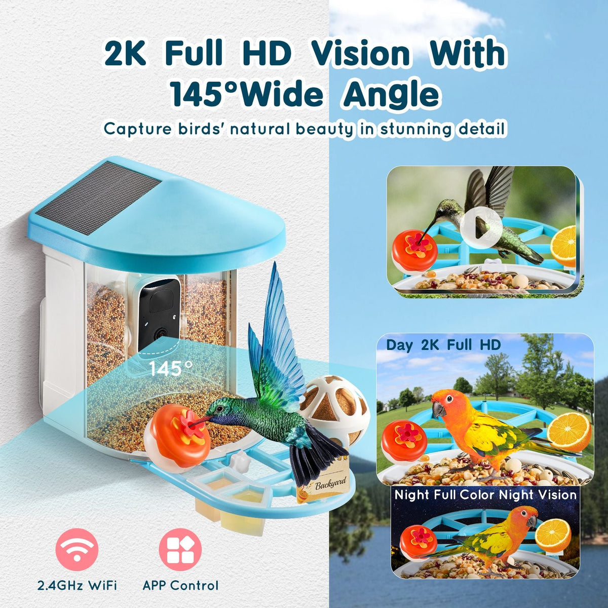 Smart Bird Feeder with Camera, 2K HD AI Identify 10000+ Bird Species, Solar-Powered Bird Watching Camera with Auto Capture & Instant Notify, Wireless Outdoor Gift for Bird Lover (3 Solar Panels)