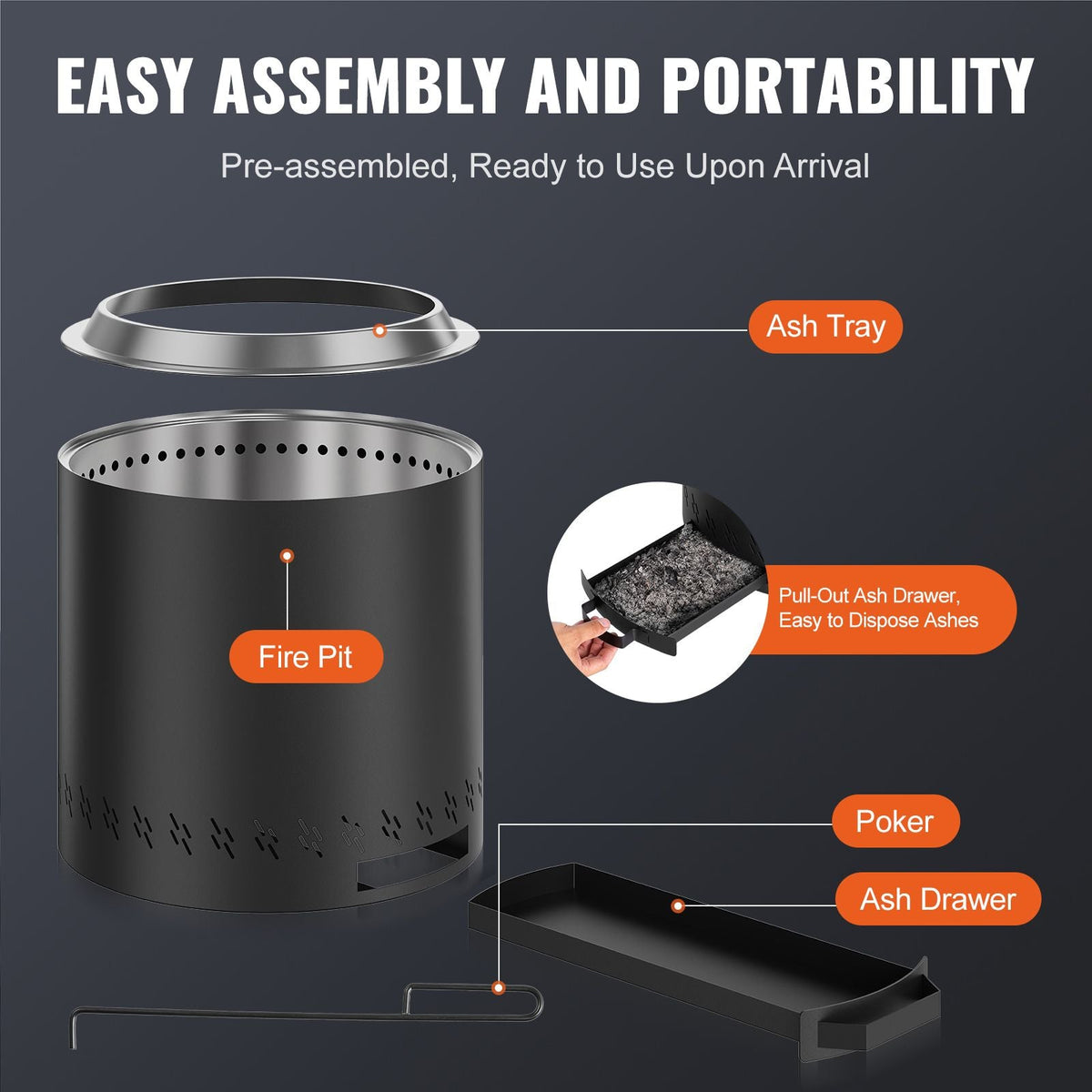 Smokeless Fire Pit Stove Bonfire, H: 15.4 in x Dia: 15.7 in ,Wood Burning Fireplaces with Removable Ash Pan, SUS430 Stainless Steel Inner Portable Outdoor Firepit,for Outdoor Patio Camping