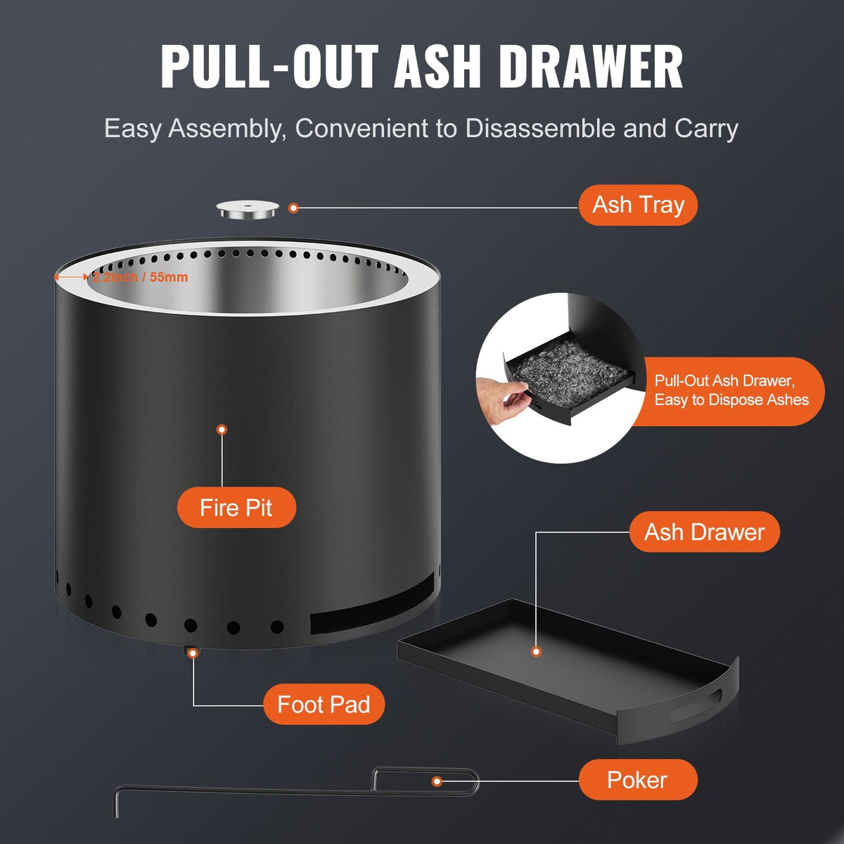 Smokeless Fire Pit Stove Bonfire, H: 18 in x Dia: 28 in ,Wood Burning Fireplaces with Removable Ash Pan, SUS430 Stainless Steel inner Portable Outdoor Firepit,for Outdoor Patio Camping, Black