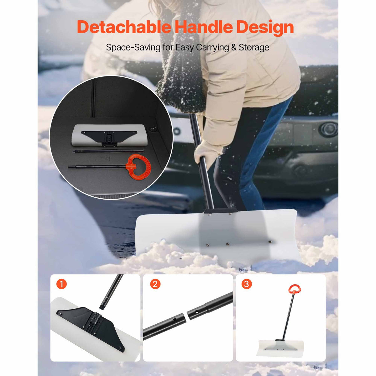 Snow Pusher Shovel, 24 in Wide Outdoor Snowplow Shovel with Ergonomic Grip, HDPE Plastic Blade, Winter Shovels with Segmented Handle, Portable Snow Removal Tool for Driveway Garden Camping