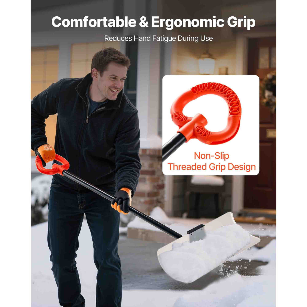 Snow Pusher Shovel, 24 in Wide Outdoor Snowplow Shovel with Ergonomic Grip, HDPE Plastic Blade, Winter Shovels with Segmented Handle, Portable Snow Removal Tool for Driveway Garden Camping
