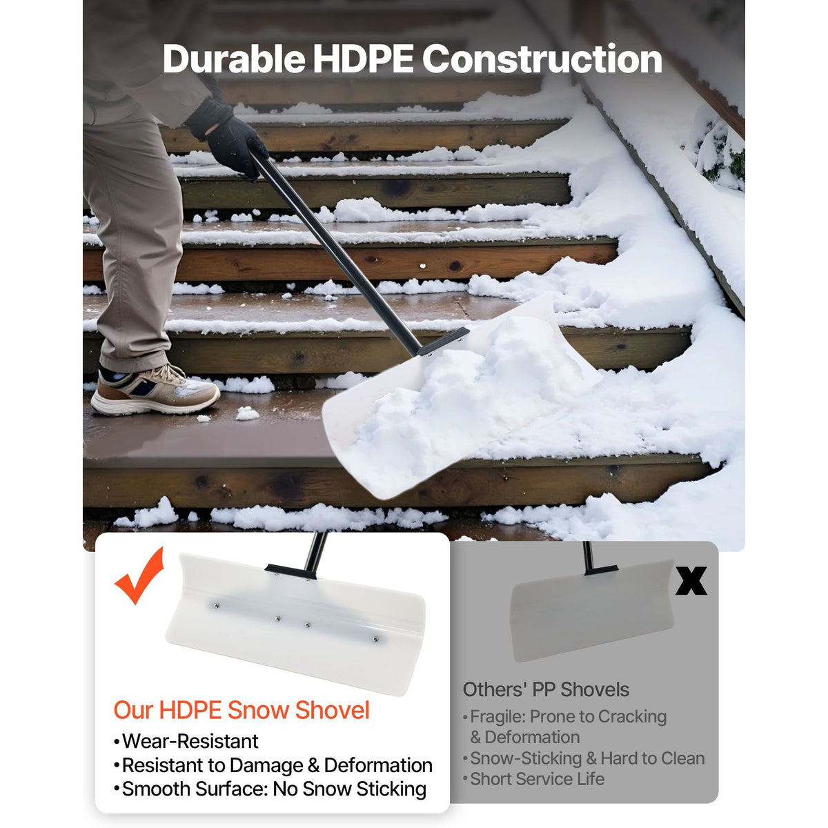 Snow Pusher Shovel, 24 in Wide Outdoor Snowplow Shovel with Ergonomic Grip, HDPE Plastic Blade, Winter Shovels with Segmented Handle, Portable Snow Removal Tool for Driveway Garden Camping