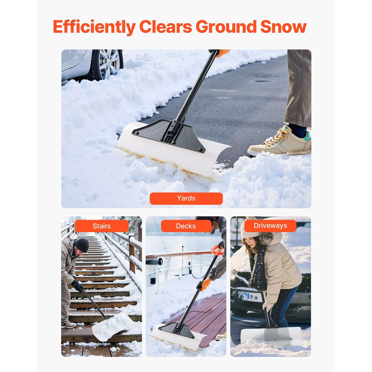 Snow Pusher Shovel, 24 in Wide Outdoor Snowplow Shovel with Ergonomic Grip, HDPE Plastic Blade, Winter Shovels with Segmented Handle, Portable Snow Removal Tool for Driveway Garden Camping
