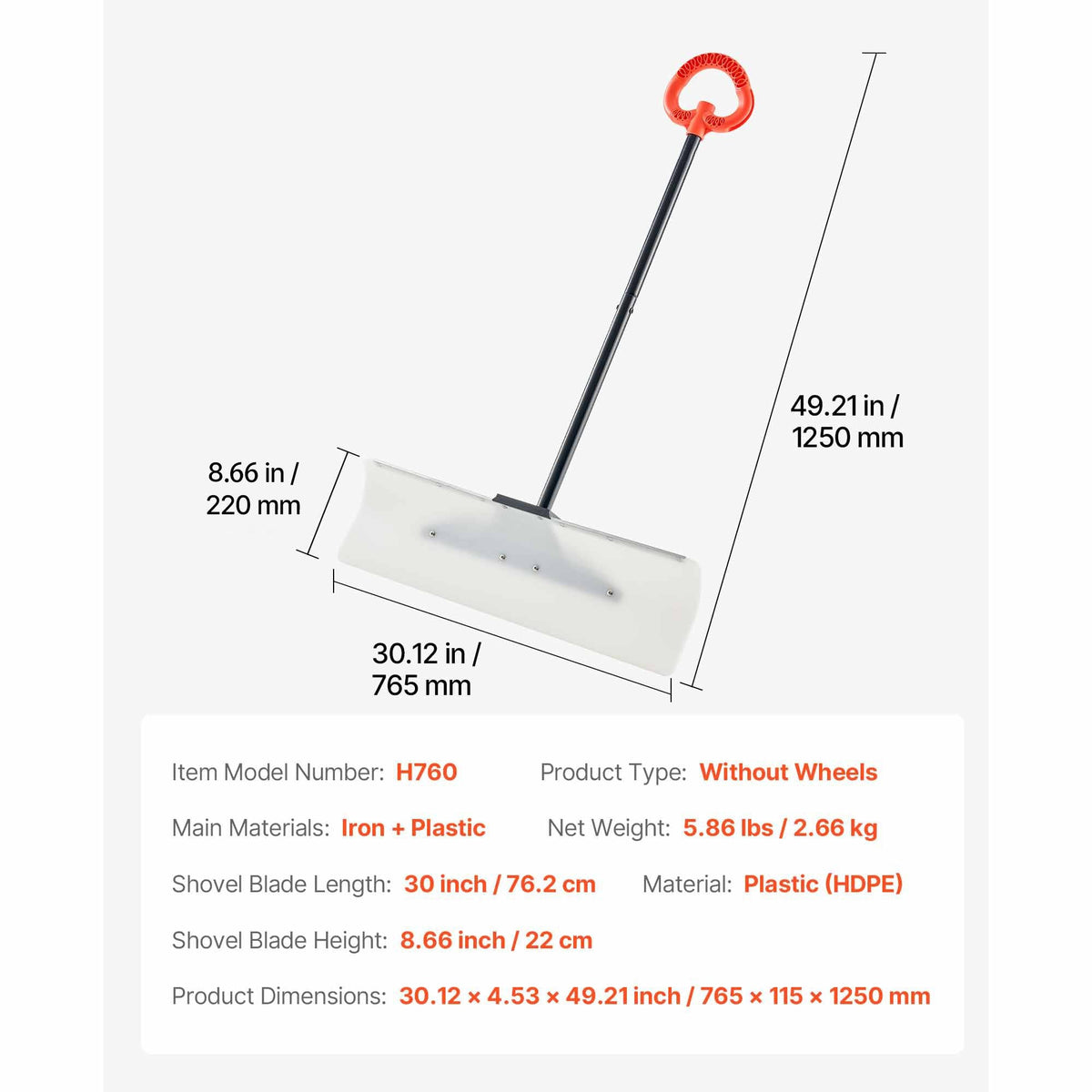 Snow Pusher Shovel, 30 in Outdoor Snowplow Shovel with Ergonomic Grip, HDPE Plastic Blade, Winter Shovels with Segmented Handle, Metal Edged Strip, Portable Snow Removal Tool for Driveway Garden