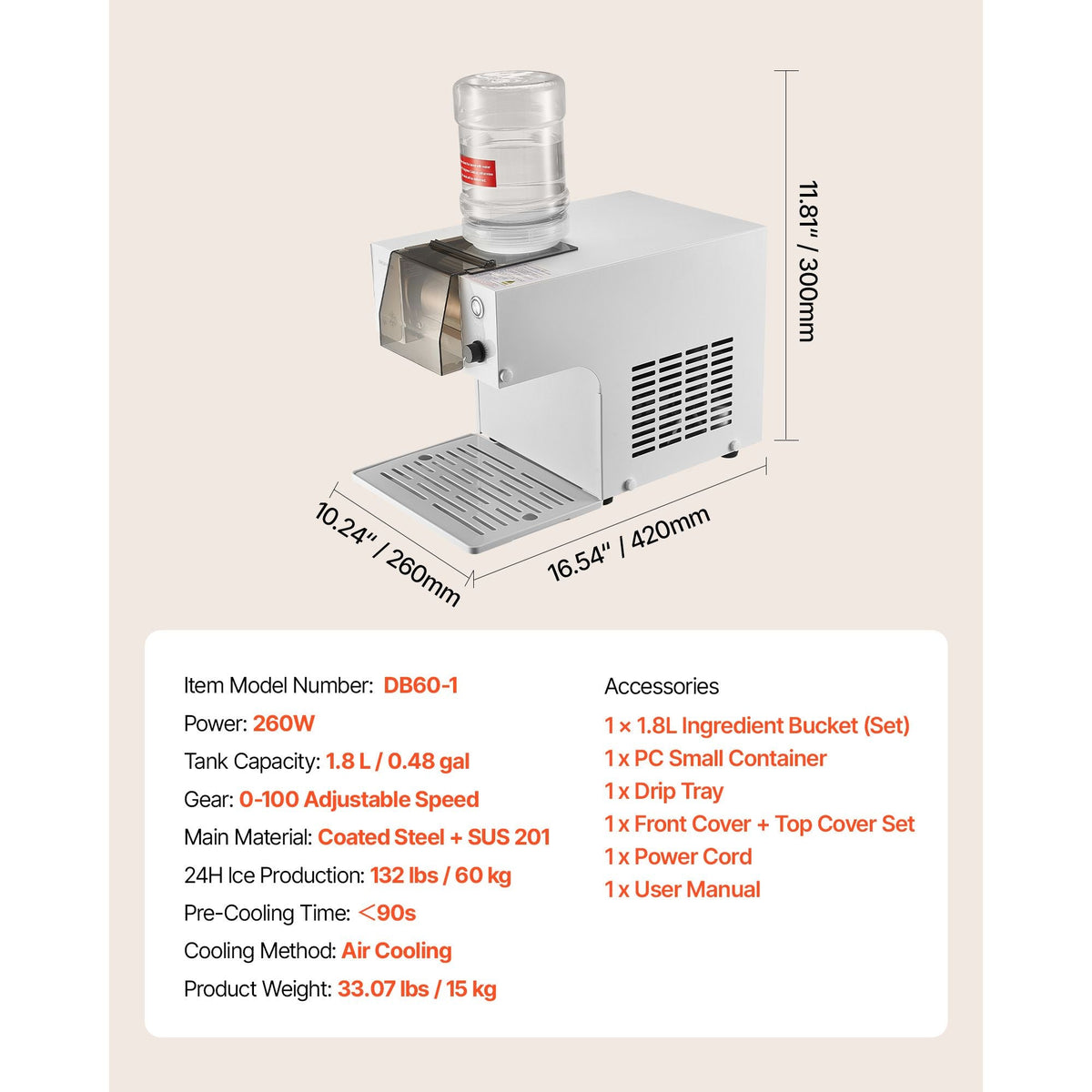 Snowflake Ice Machine, 132LBS/24H Snowflake Ice Maker, Ice-Shaver Machine with Stainless Steel Blade, Electric Snow Cone Maker with 0.48Gal Tank, 90S Fast Pre-Cooling, for Home & Small Gathering