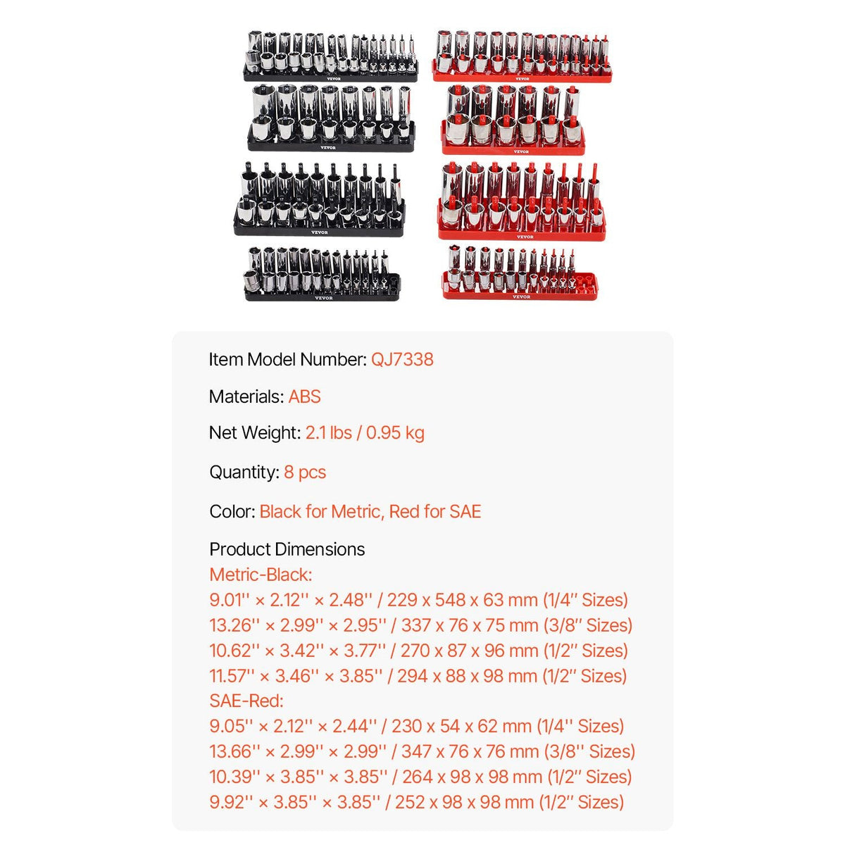 Socket Organizer Set, 8PCS High-Rod Socket Holder, 1/4'', 3/8'' & 1/2'' Metric SAE Socket Trays with Clear Labels, Hold up to 176PCS Standard & Deep Sockets, Black & Red (Socket Not Included)