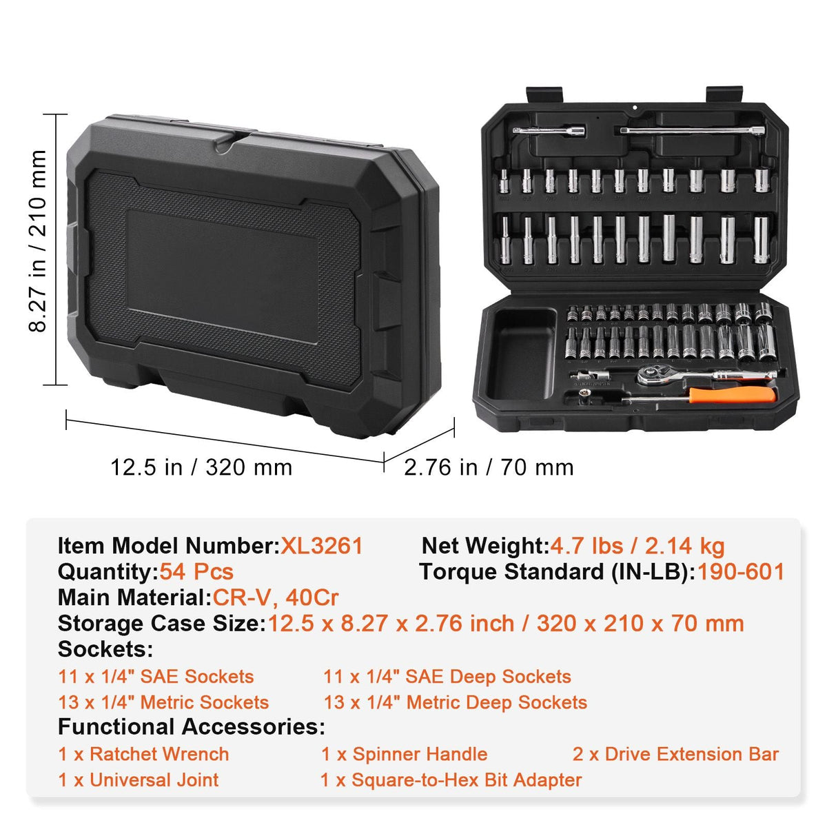 Socket Set, 1/4 Inch Drive Socket and Ratchet Set, 6-Point Socket Opening, 54 Pieces Tool Set SAE and Metric, Deep and Standard Sockets, 5/32-9/16 in, 4-14 mm, with Accessories, Storage Case