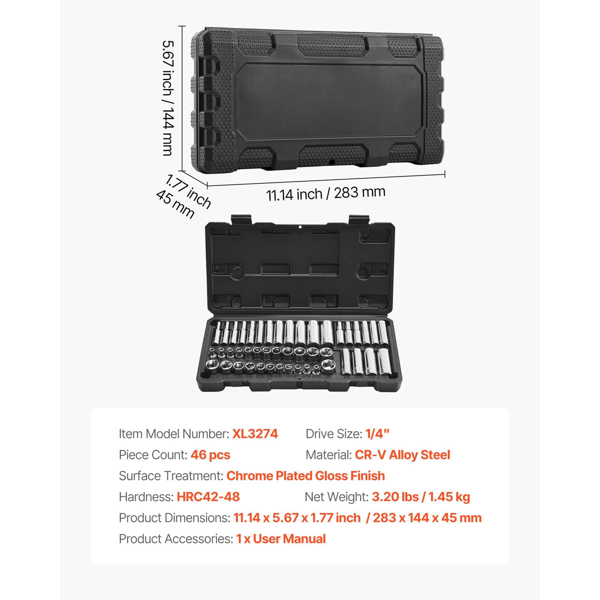 Socket Set, 46 Pieces, 1/4 inch Drive Socket Tool Set, SAE and Metric Size, Deep and Standard, Mechanic Tool Kit with Storage Case, Chrome Plated CR-V Alloy Steel, for Automotive Repair