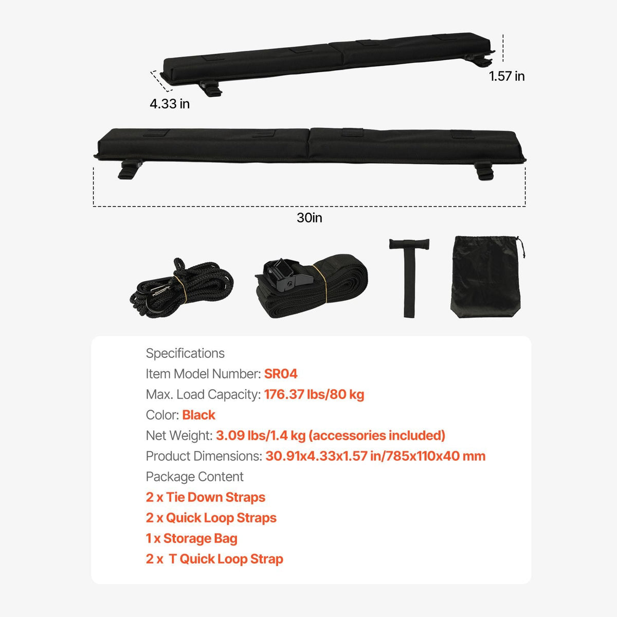 Soft Roof Rack Pads, 30" Universal Car Roof Rack Pad for Various Crossbars, 176LBS Loading Luggage Kayak Carrier with 2 Tie Down Straps, 2 Quick Loop Straps & Storage Bag for SUP Canoe Snowboard